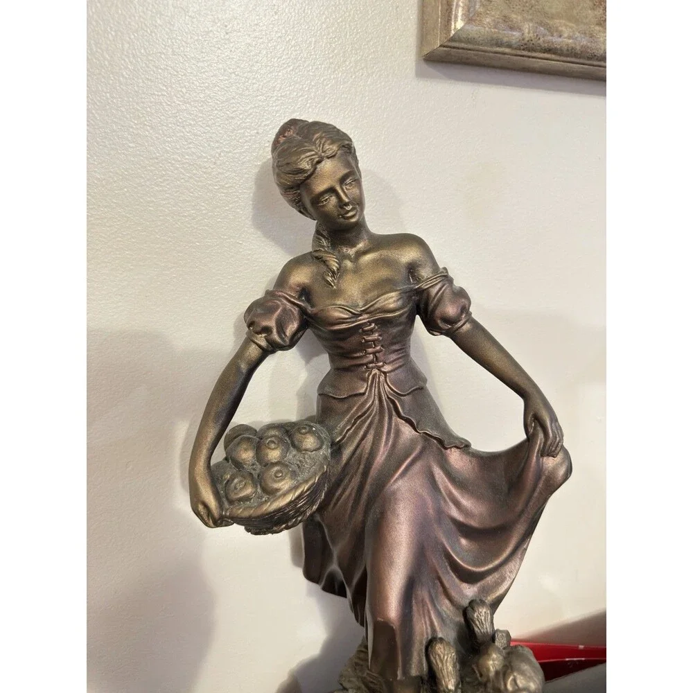 Vintage 1993 Austin Sculpture Morning Walk Woman Fruit Basket Dog 14.5” Statue